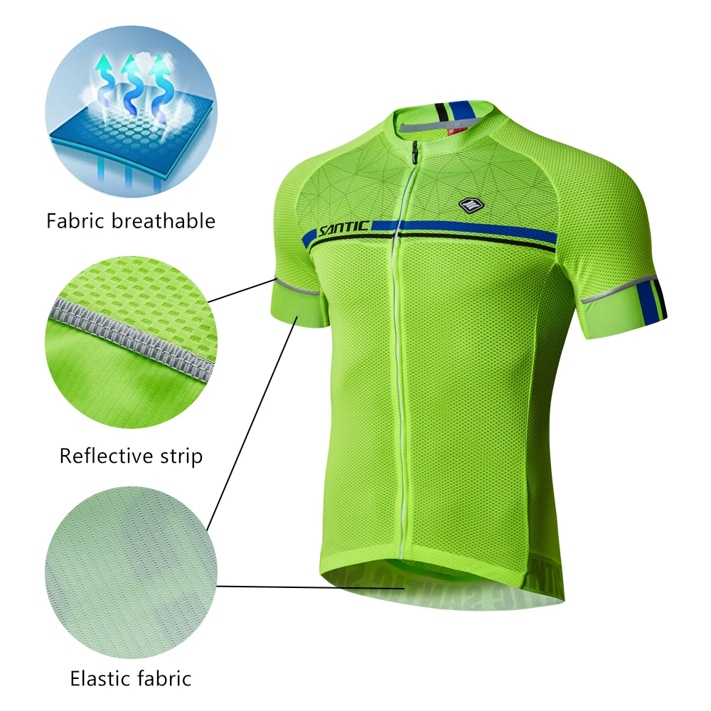 SANTIC Pro Cycling Jerseys Men Bicycle Short Sleeve Anti Slip Cuff Road Bike Cycling Top Breathable Sport Clothes Back Pocket