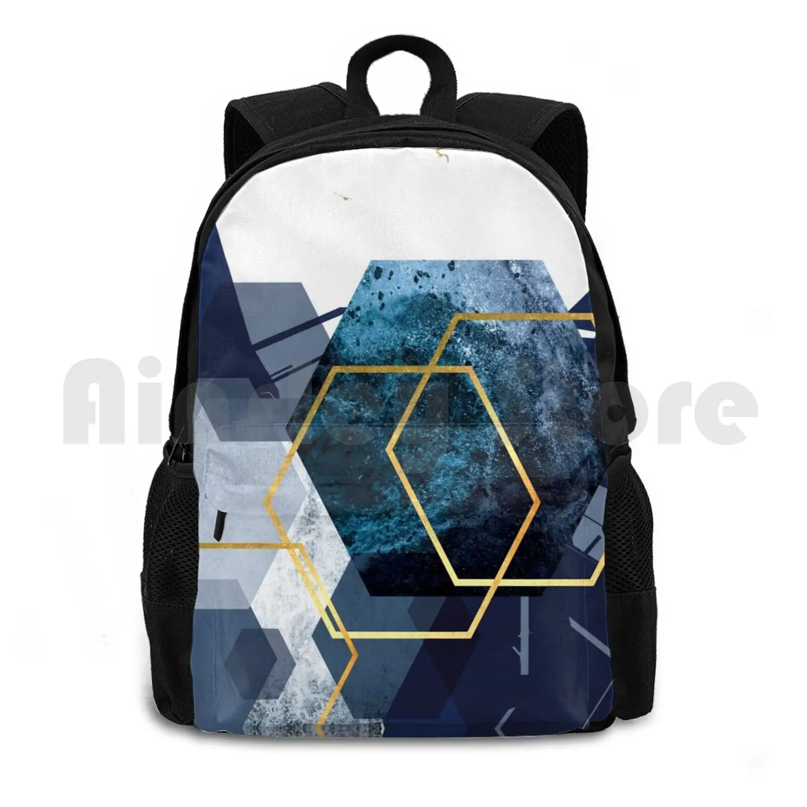 Abstract Landscape Part 2 Outdoor Hiking Backpack Waterproof Camping Travel Abstract Geometric Navy And Gold Navy Blue Blue And