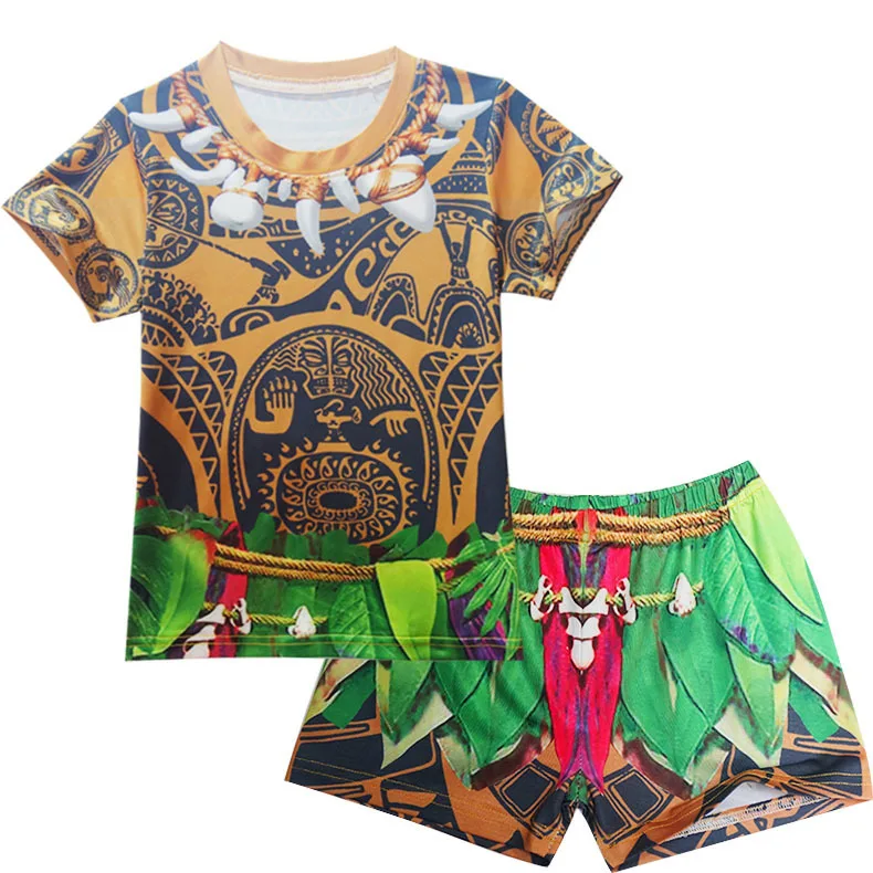 2020 Child Ocean Boy Kids Swimming Suit Short Sleeve Moana Cosplay Maui Shirt Shorts Pants Bathing Cap Costume Swimwear Swimsuit