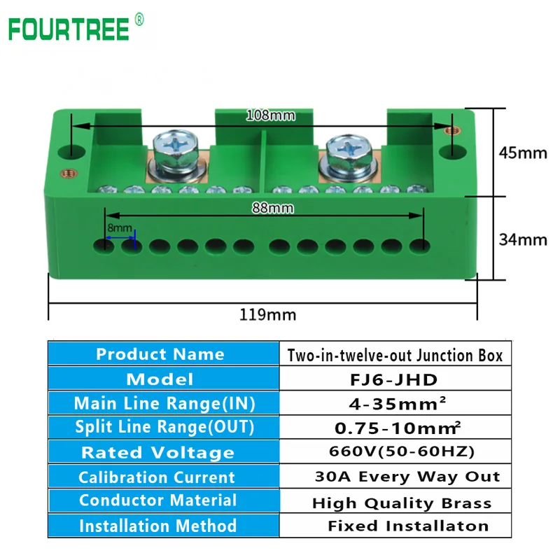 2 In 12 Out Junction Box Single Phase Quick Connect Terminal Box Splitter Metering Cabinet Wire Connection FJ6 High Power Block