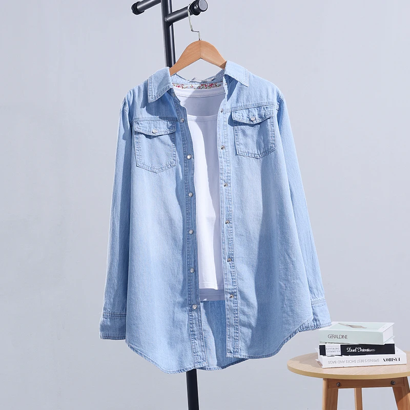 Women Shirt Denim Cotton Tops 2020 Autumn Casual Thick Pockets Single Breasted Button Up Lapel Long Sleeve Large Size Blue Shirt