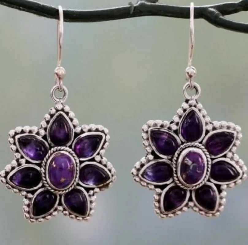 Women's Vintage Thai Silver Purple Dragon Crystal Petal Earrings Peach Blossom Turquoise Ears Festival Birthday Gift Jewelry