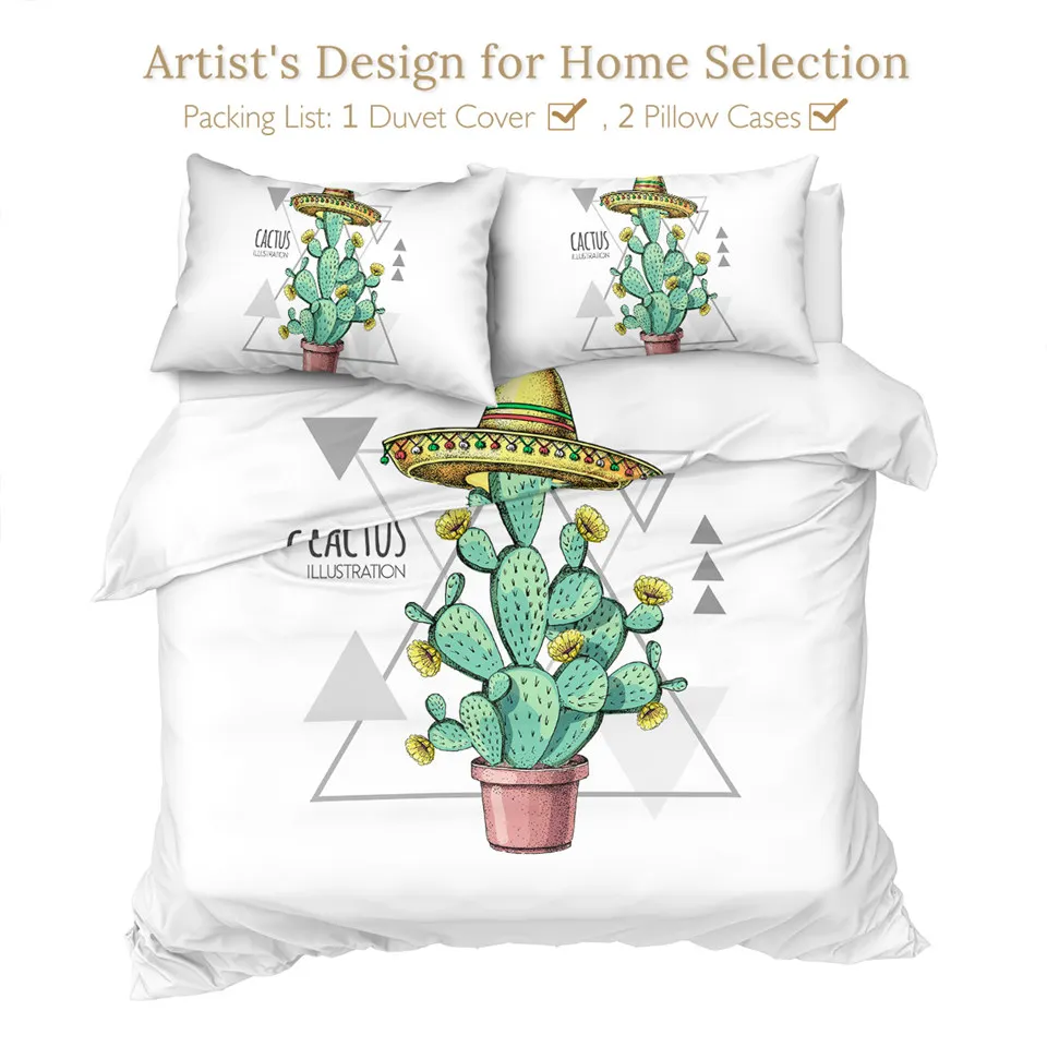 BeddingOutlet Cactus Bedding Set Green Plant Duvet Cover Set Yellow Flower Bedclothes Modern Bedspread Geometric Home Decor 3PCS