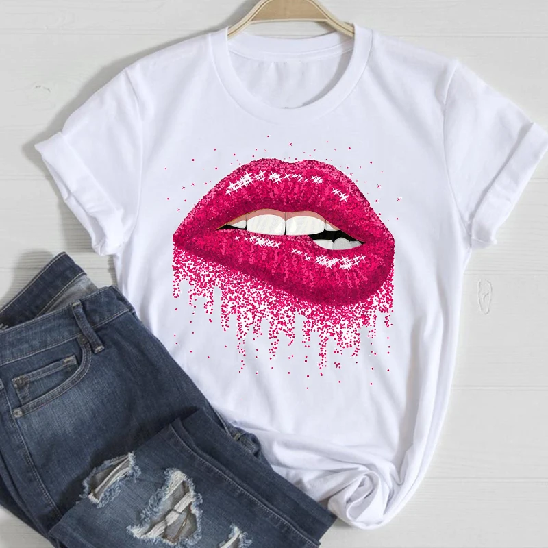 T-shirts Women Cartoon Sexy Lip Fashion Short Sleeve Spring Summer Clothes Stylish Tshirt Top Lady Print Ladies Tee T-Shirt