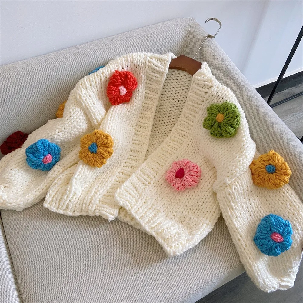 JSXDHK Fashion Women 3D Floral Handmade Sweater Cardigan Luxury Sweet Fall Winter Lantern Sleeve Knitted Loose Short Open Stitch