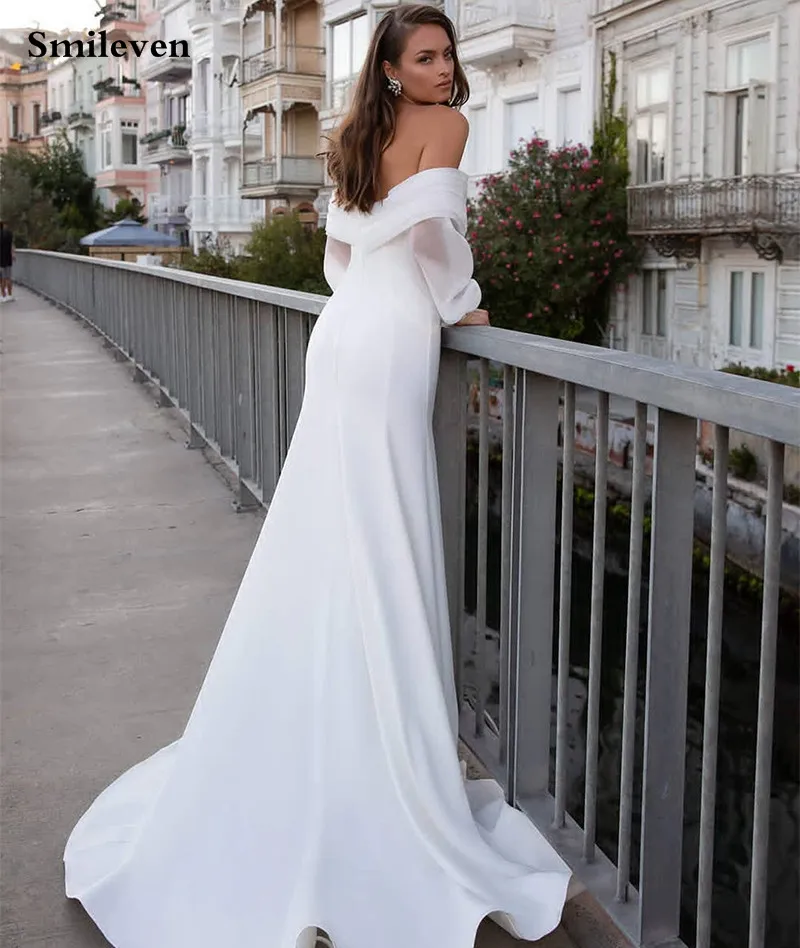 Smileven Satin Mermaid Wedding Dresses Long Fuff Sleeve Sexy Lace Beach Bride Dresses Off The Shoulder Boho Bridal Gowns