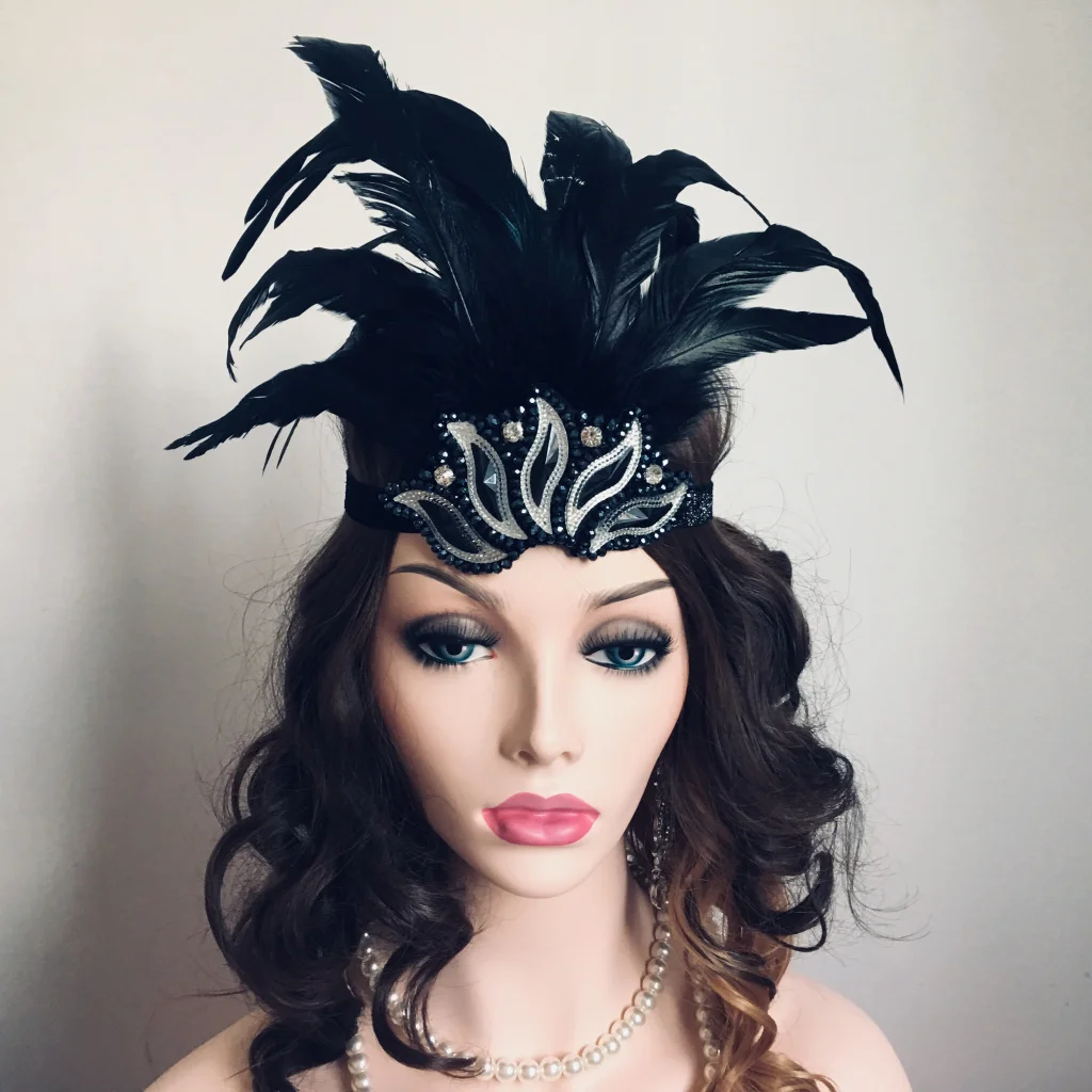 Vintage Feather Headband Black Rhinestone Beaded Sequin Bridesmaids Headpiece 1920s Charleston Gatsby Party Feather Headwear