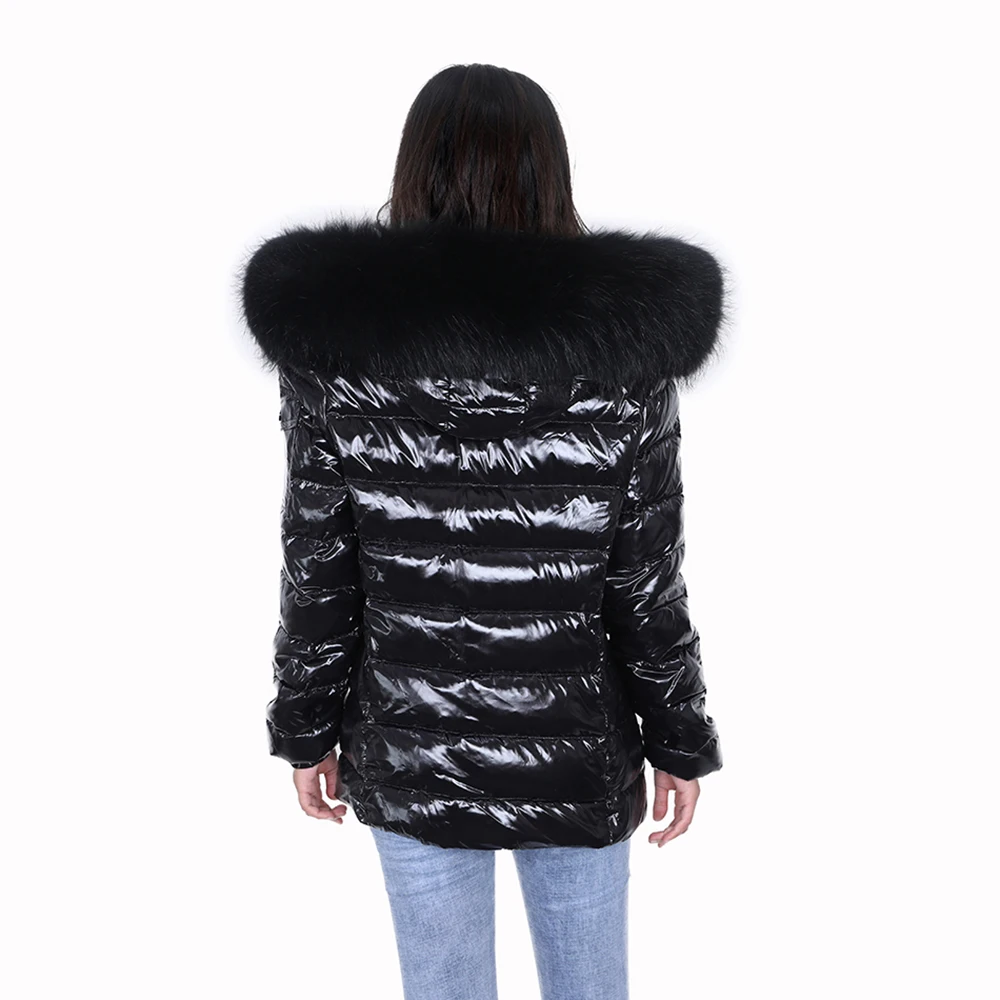 MaoMaoKong Autumn and winter bright face real fur collar black down jacket short 90 white duck down slim hooded warm jacket in w