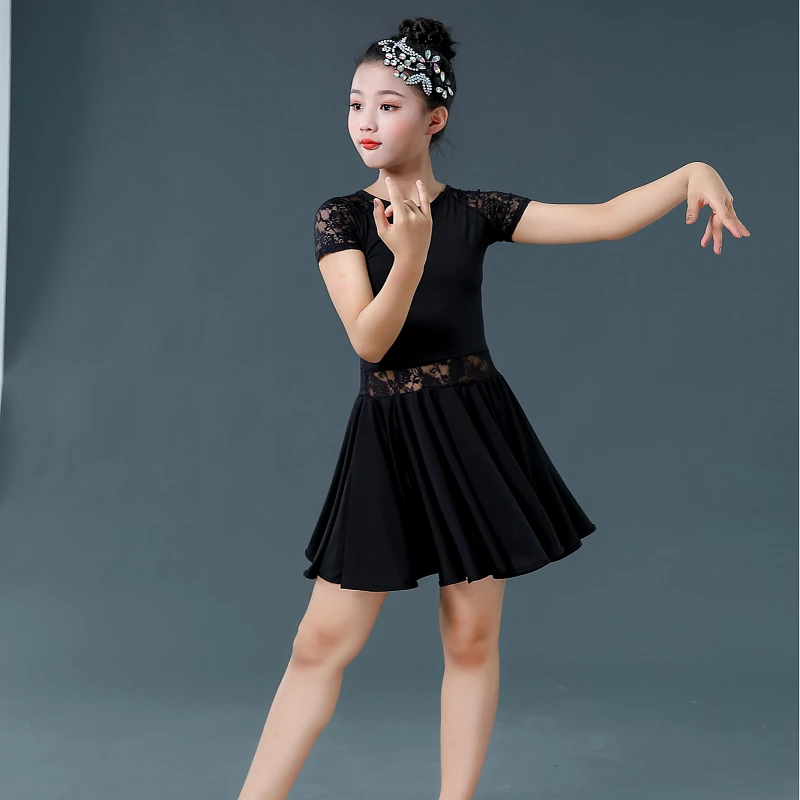 Children Latin Dance Dress Ballroom Baby Girl Tutu Lace Black Red Design Stage Clothing Kids Salsa Samba Dance Costume 120-160CM