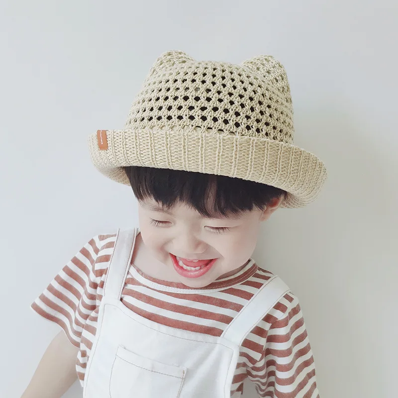 6M-2Y Children Baby Straw Plaited Bucket Hat Hollow Out Beach Holiday Outdoor Summer Sunhats Kids Hats Caps for Boys Girls