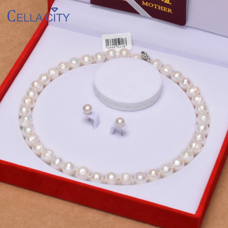 Cellacity Silver 925 Jewelry 9-10mm Natural Freshwater Pearl Jewelry Set for Women Stud Earrings Necklace Bracelet Gift for Mom