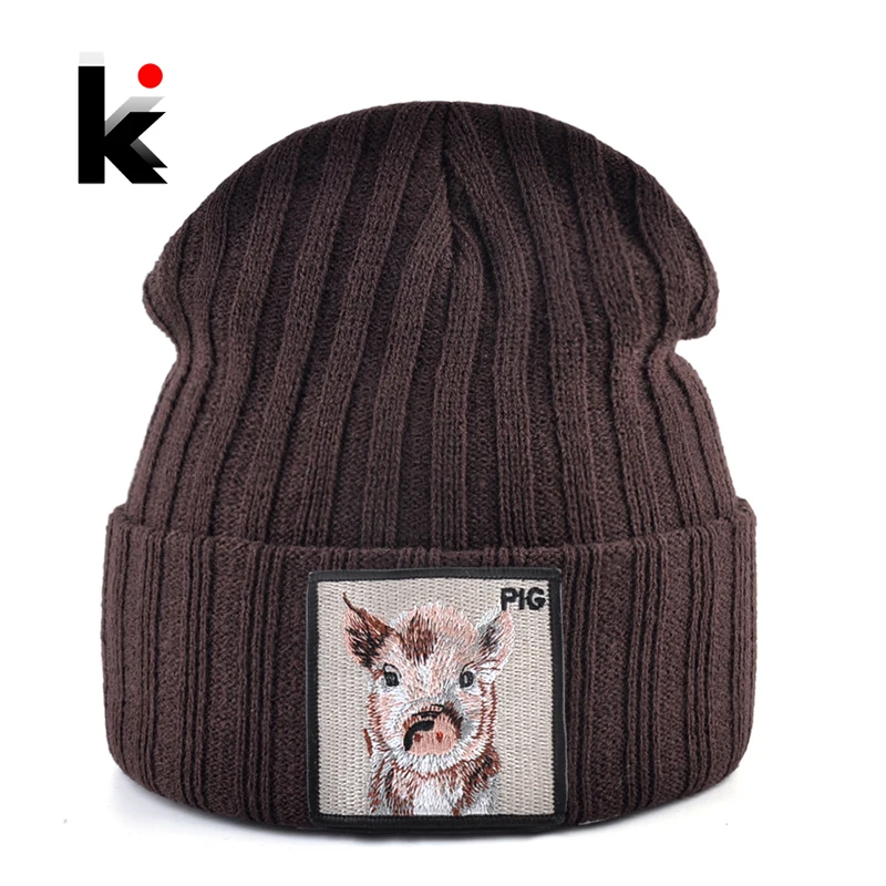 Zimowa ciepła czapka z dzianiny ze świnią łatka haftowana nowa moda Hip Hop Skullies czapki kobiety Knitting Solid Color czapka typu Beanie mężczyzn