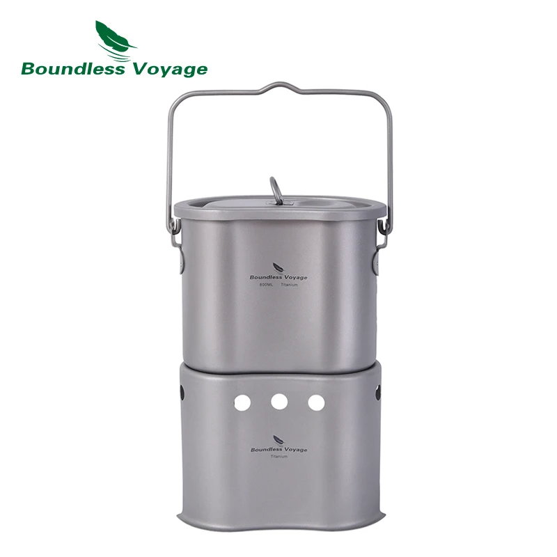 Boundless Voyage 2 in 1 Camping Titanium Pot Wood Stove Set 800ml Canteen Cup Outdoor Solo Cookware Mess Kit for 1 Man