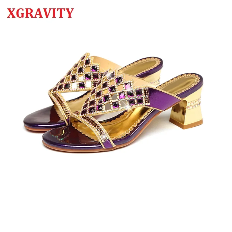 

XGRAVITY Summer Shoes Chunky High Heel Pumps Sexy Crystal Rhinestone Design Women Shoes Elegant Ladies Flip Flop Slippers B019