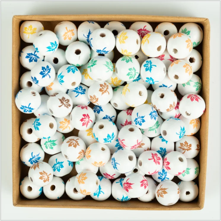 

New 20Pcs Natural Color Maple Leaf Snowflake Printed Wooden Beads DIY Custom Decoration Children's Toys Bracelet Accessories