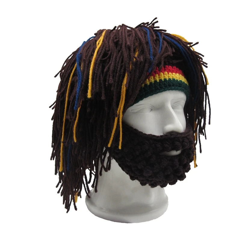 Unisex Wig Beard Hat Rasta Beanie Caveman Bandana Handmade Crocheted Gorro Winter Men\'s Halloween Costume Funny Birthday Gifts