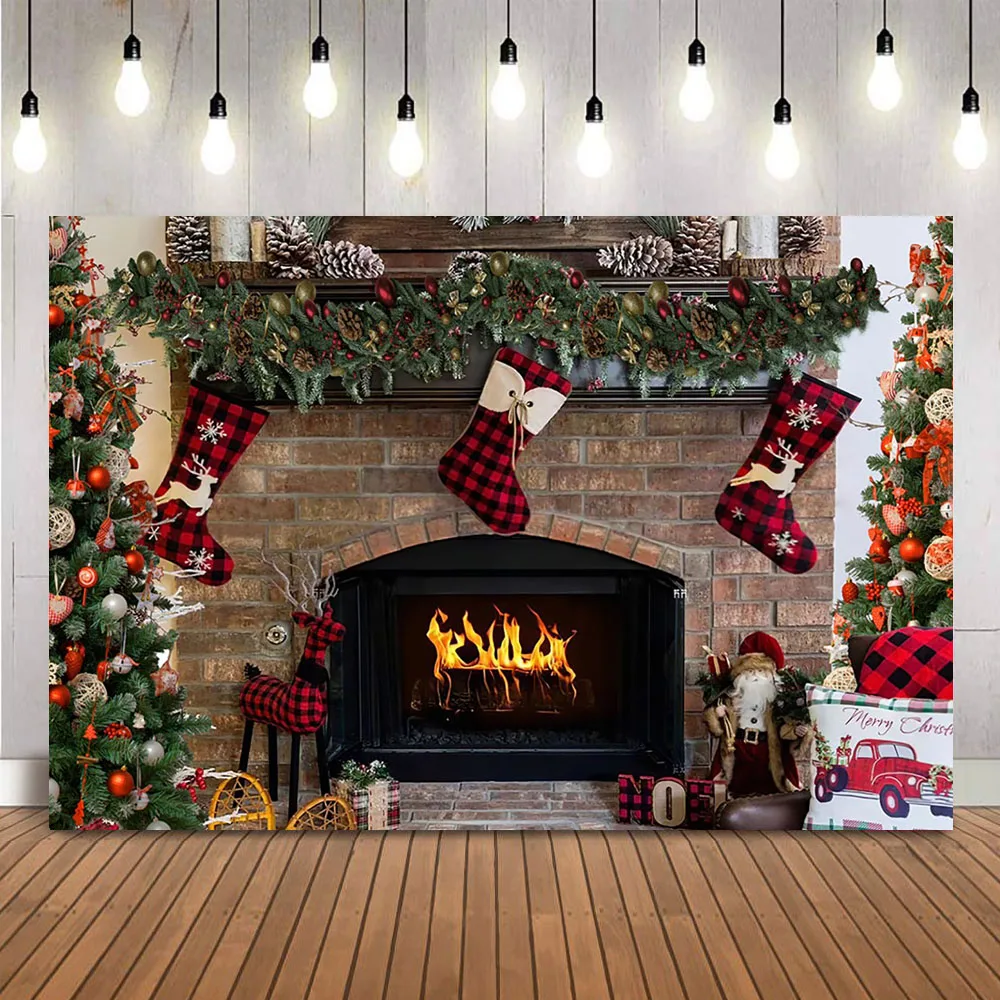 Christmas Fireplace Holiday Party Banner Decoration Fire Red Sock Pine Tree Party Background Props Gift Box Dessert Table Banner