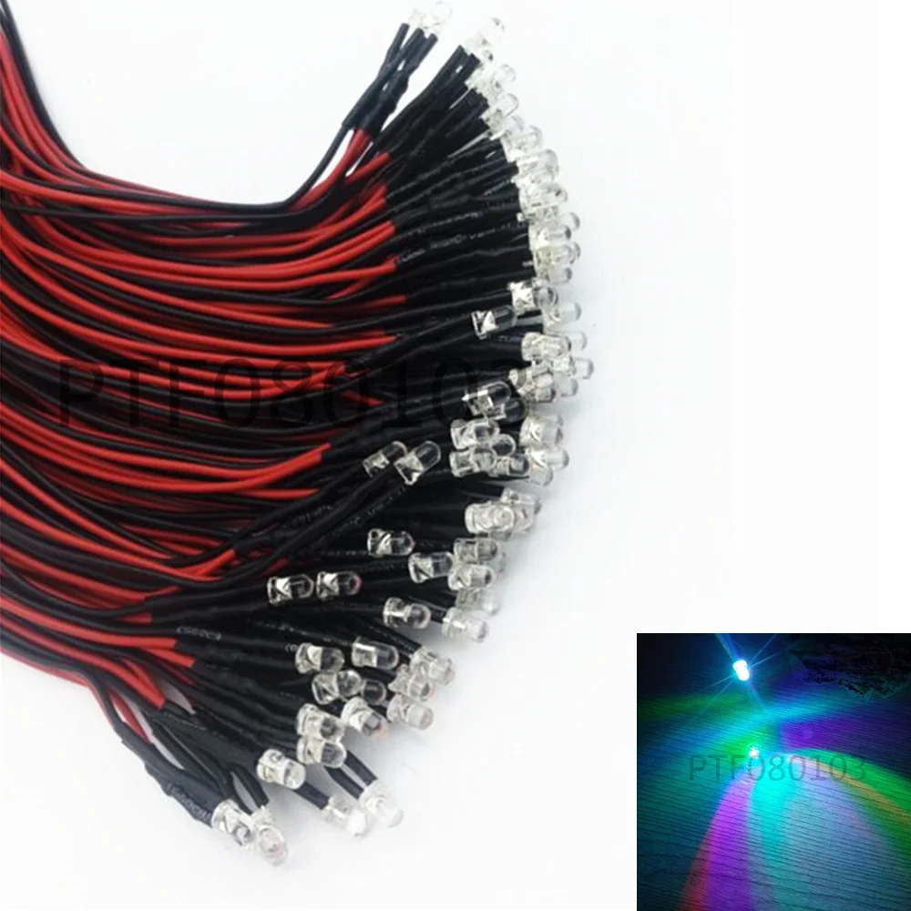 100Pcs 3Mm/5Mm Rood/Groen/Blauw/Rgb Wit Uv DC12V Ronde Pre-wired Water Duidelijk Geleid Met Plastic Houder