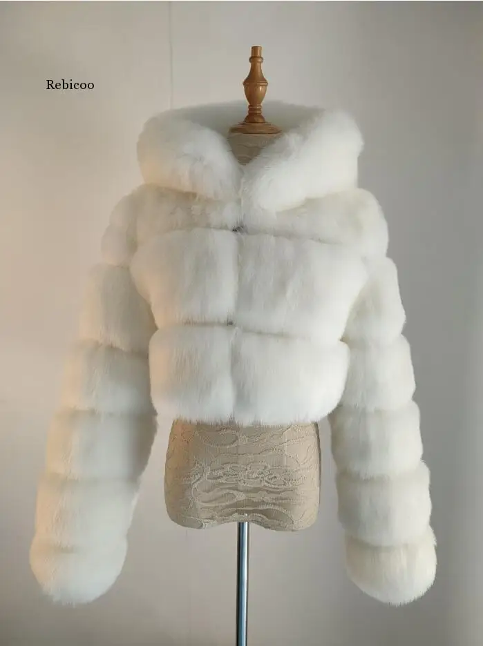 White faux fur coat women black  loose irregular hood fur jackets 2020 autumn and winter new fashion warmth coat