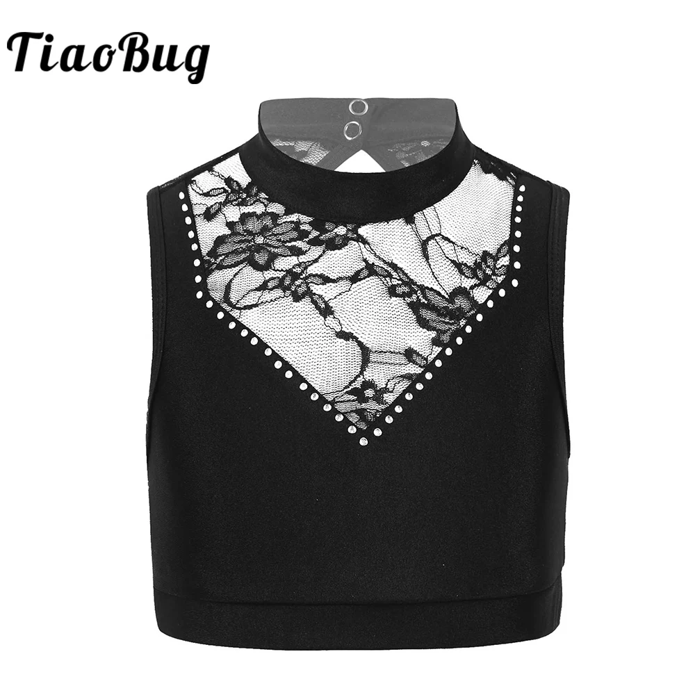 

TiaoBug Kids Girls Tank for Dance Ballet Crop Top Sleeveless Round Neck Backless Lace Tanks Bra Tops for Ballet Dance Sports Bra