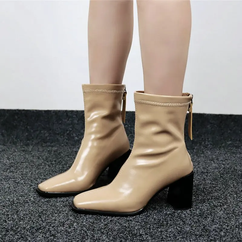 2021 black boots patent PU leather glossy stretch booties red beige square toe block high heels winter boots women size 34-43