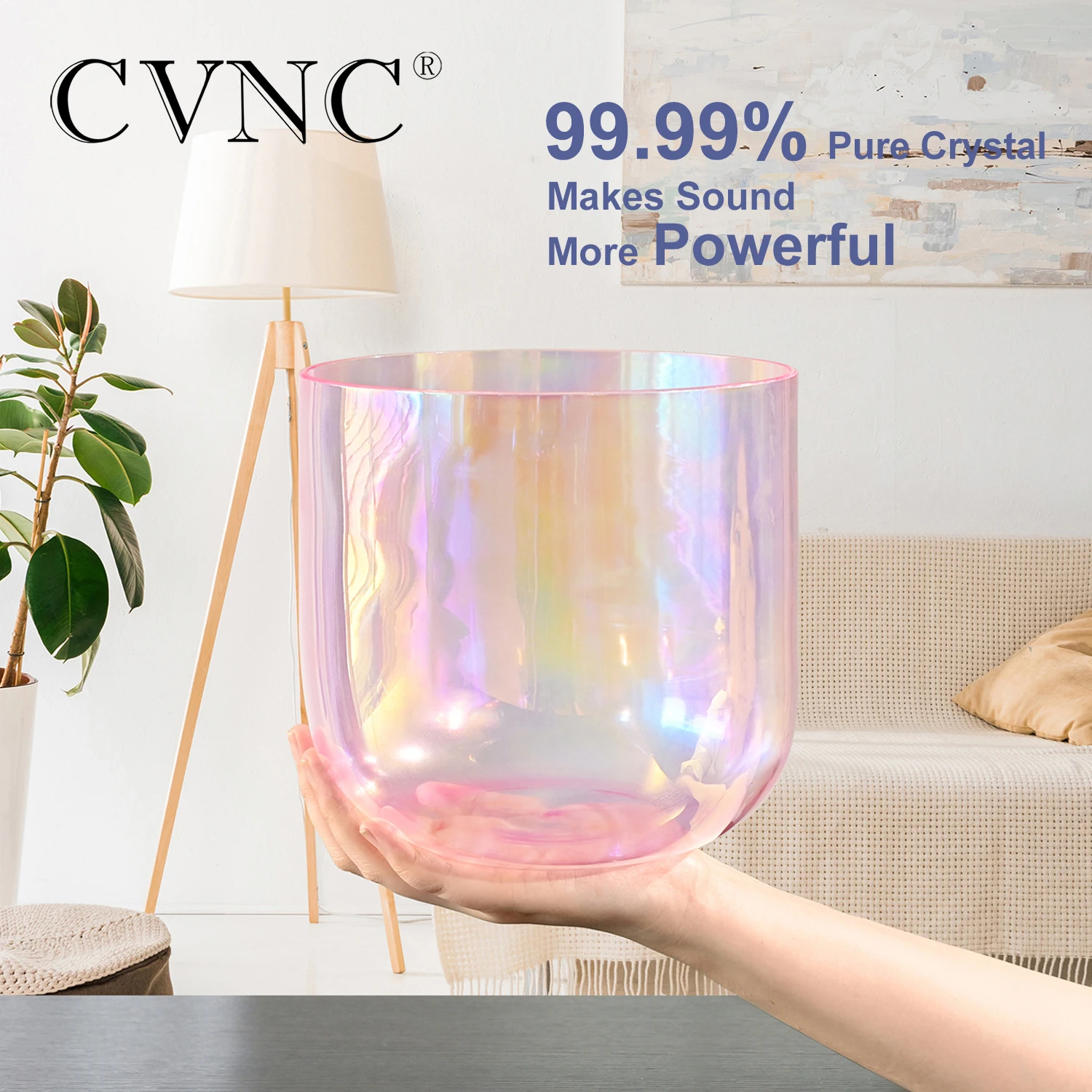 CVNC 7 Inch 440/432hz Alchemy Clear Quartz Crystal Singing Bowl Pink with Cosmic Light for Sound Healing and therapy with Mallet