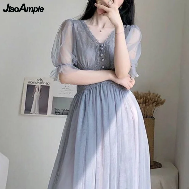 2025 New Girls Sweet Mesh White Dress Women Fashion Elegant Button A-Line Lace V-neck Gown Spring Summer Puff Sleeve Clothing