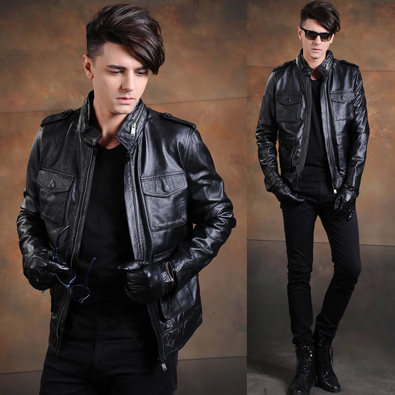 

Mens Spring Autumn and Winter Genuine Leather Clothes Stand Collar Cow Leather Biker Jacket Short Men Hunting Coat Plus Size 5XL