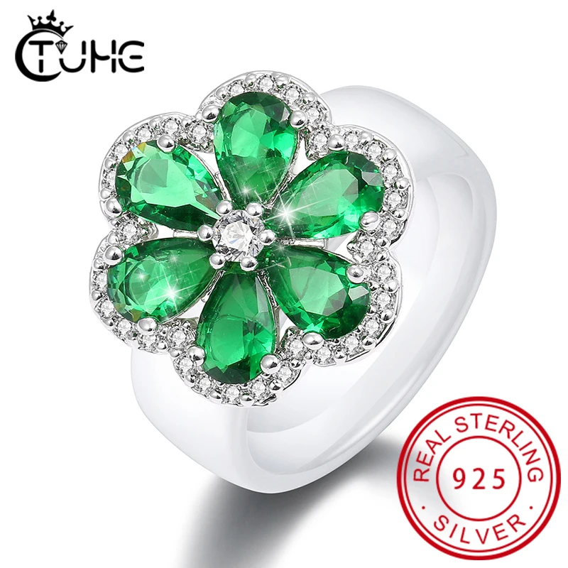 New 925 Sterling Silver Flower Rings For Women With Green Crystal Fashion Trendy Wedding Jewelry With 8mm Smooth Ceramic Ring