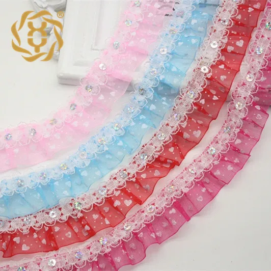 41Yds Pleated Tulle Lace Fabric Material 2.5cm Trim Guipure Hearts Designs Fabric Sewing Trimmings Embellishments Craft Supplies