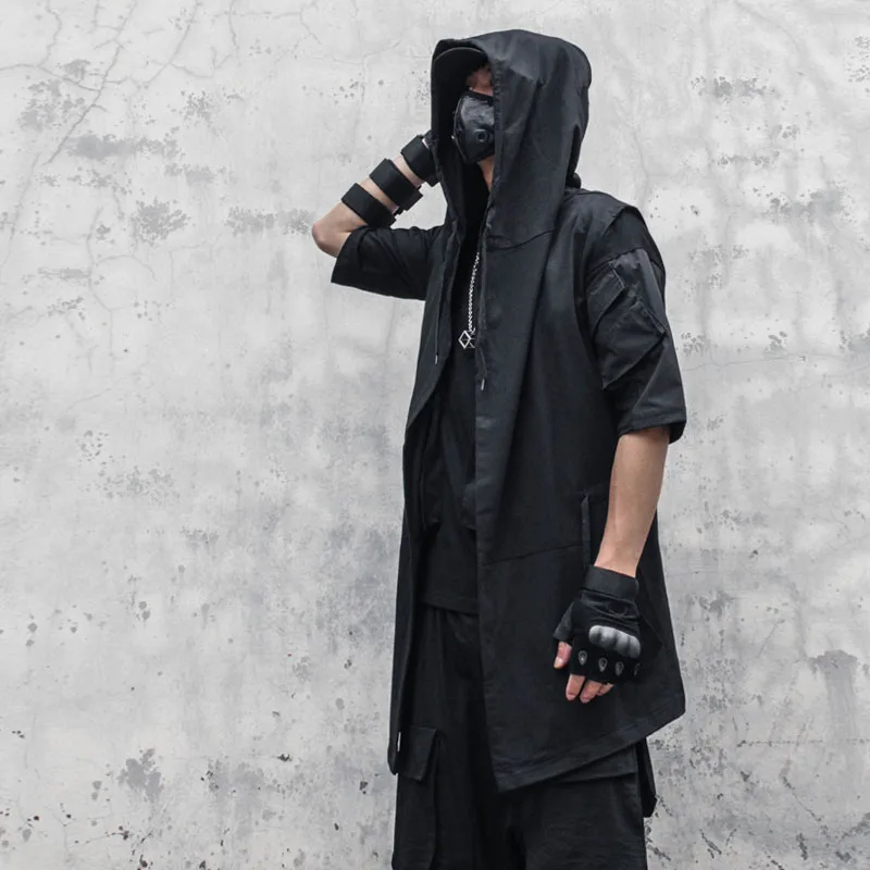 Summer dark large windbreaker Youth Medium Length sleeveless Cape hooded black wizard coat mens clothing  men vest  coat men