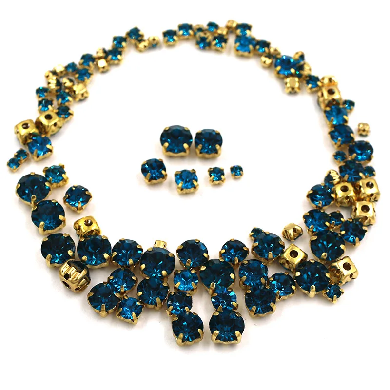 100pcs/bag Mixed size glass strass crystal Clothing loose beads gold base sewing Peacock blue rhinestones diy Wedding decoration