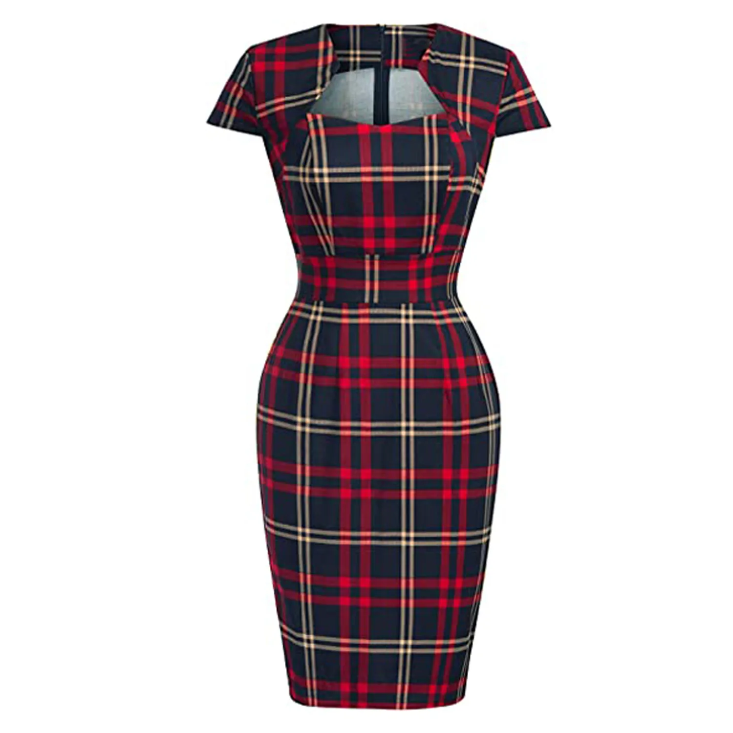 One-Piece Retro Office Bodycon Women Sheath Dress Wear to Work Business Vestidos Plaid Print England Style 60s Bandage Dresses