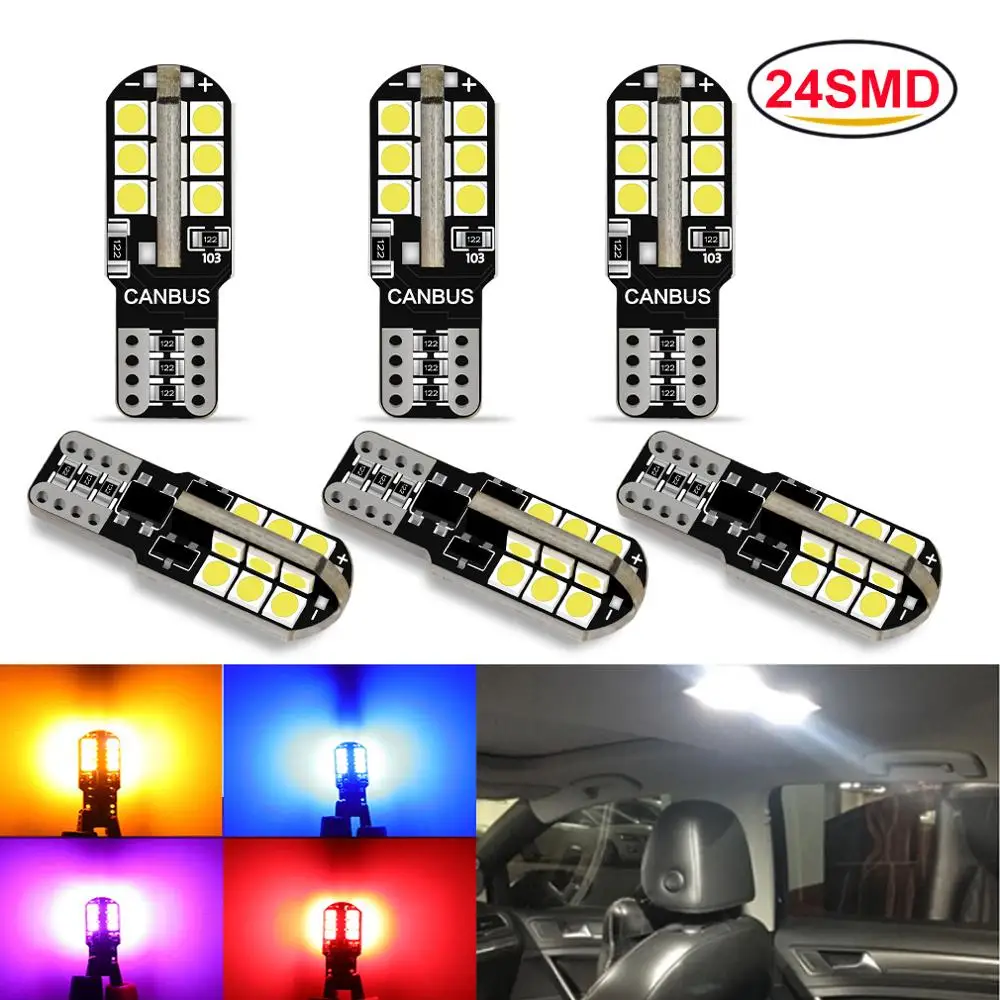

6 шт., светодиодные лампы T10 W5W 194 168 24SMD 3030, чипы Canbus без ошибок, 6000K, освещение с клиновидным белым светом, боковая лампа 12 В