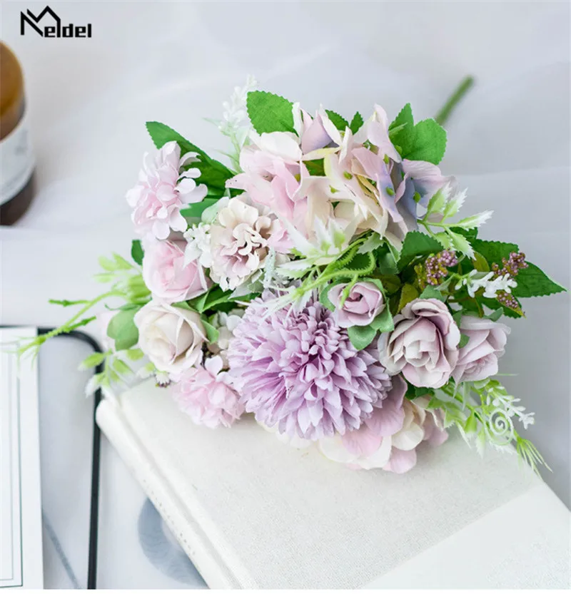 Meldel Buatan Peony Bunga Sutra Bouquet untuk Pernikahan Dekorasi Kecil Bunga Mawar Palsu Dekorasi Rumah DIY Faux Mawar Peony Flore