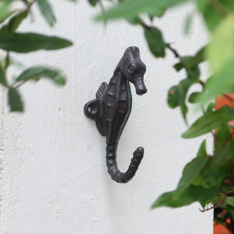 

Antique Rustic Sea Horse Cast Iron Wall Hook With 1 Hanger European Farm House Accents Handmade Small Hippocampus Animal Rack