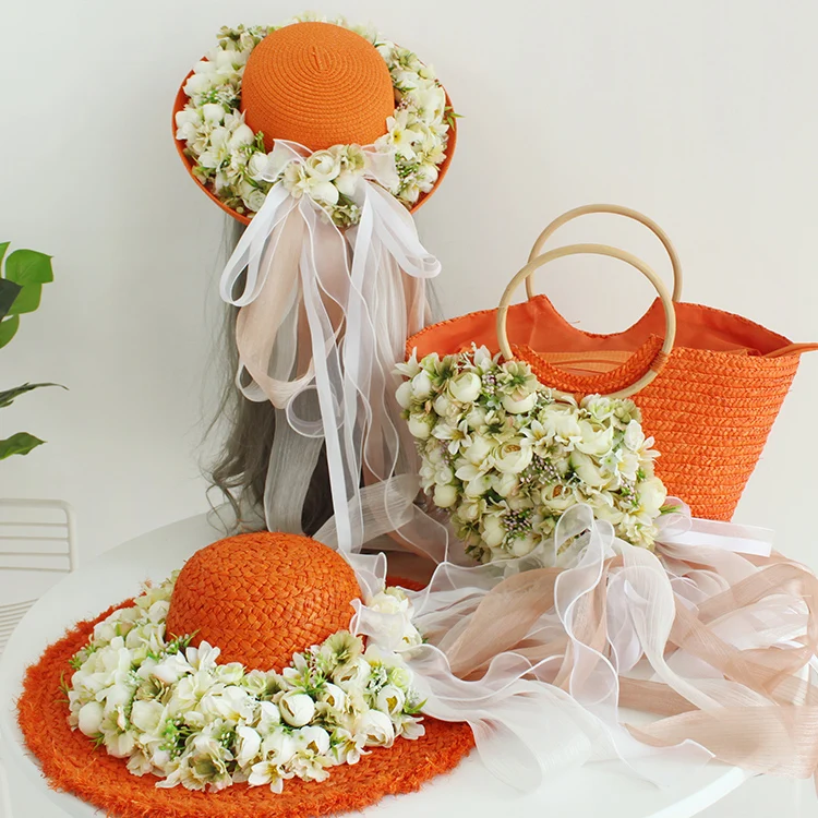 Bolsa de praia feminina rattan, bolsa de verão com chapéu e flores artificiais