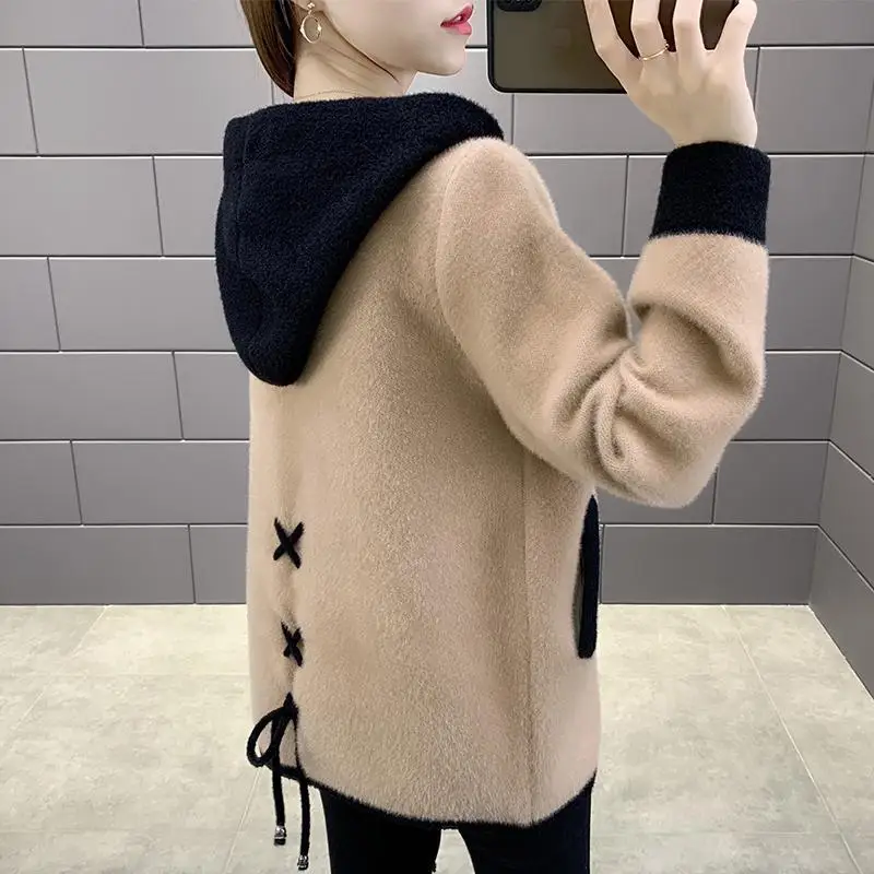 

Women 2022 Autumn Winter New Imitation Mink Cashmere Cardigan Coat Female Short Long Sleeve Hooded Warm Casual Sweaters X298