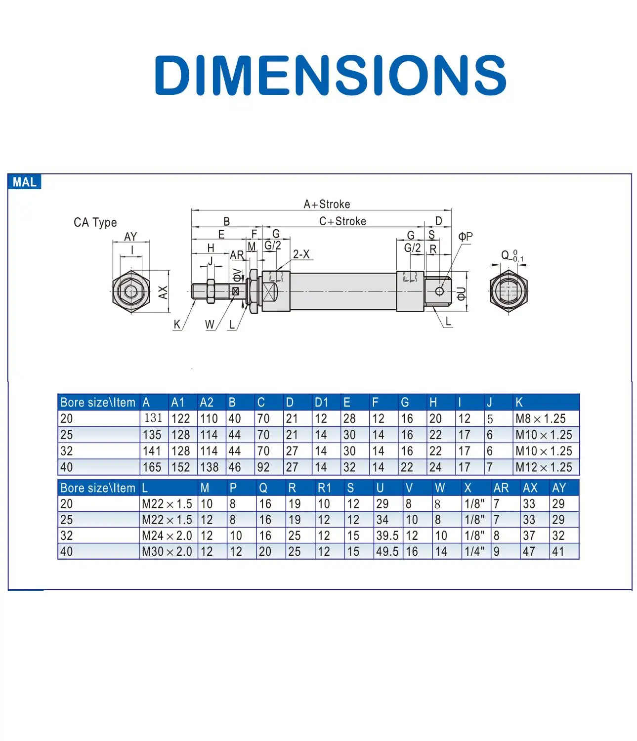 MAL Series Mini Pneumatic Cylinder 16/20/25/32/40mm Bore 25-400mm Stroke Double Acting Aluminum Alloy Air Cylinder