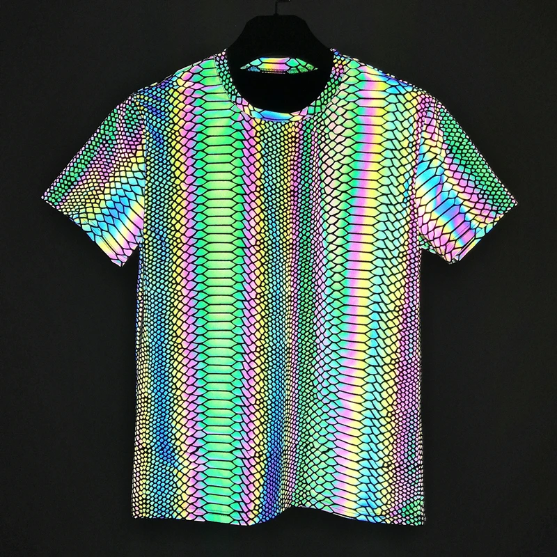 DropShipping Colorful Snake Pattern Reflective T Shirt Men Hip Hop Streetwear Short Slee Tops Night Reflection Rainbow Color Tee