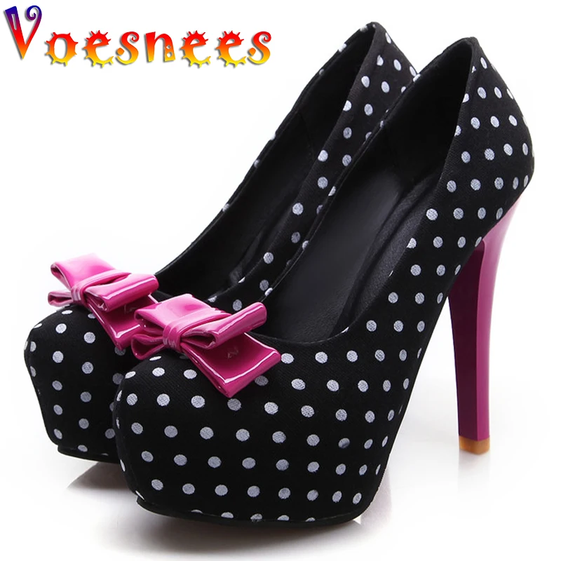 2021 Spring Autumn New Women\'s Pumps Sweet Bow Polka Dot High-Heeled Single Shoes Round Toe Thin Heels Plus Size Women Shoes