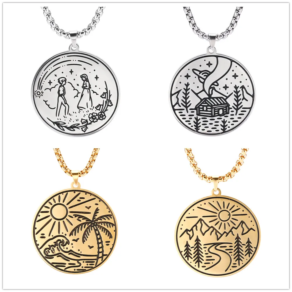 Skyrim Lover Coconut Tree Sun Mountain Pendant Necklace Happy Camper Scenery Stainless Steel Golden Chain Necklaces Jewelry Gift