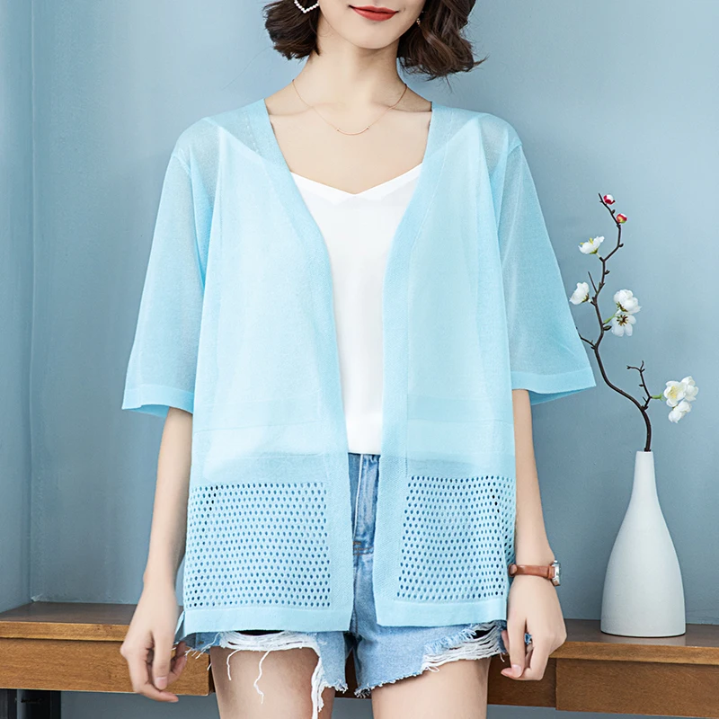 Women Sun Protection Knit Shirt Summer Female Hollow Out Knit Cardigan Solid Knit Outwear Half Sleeve