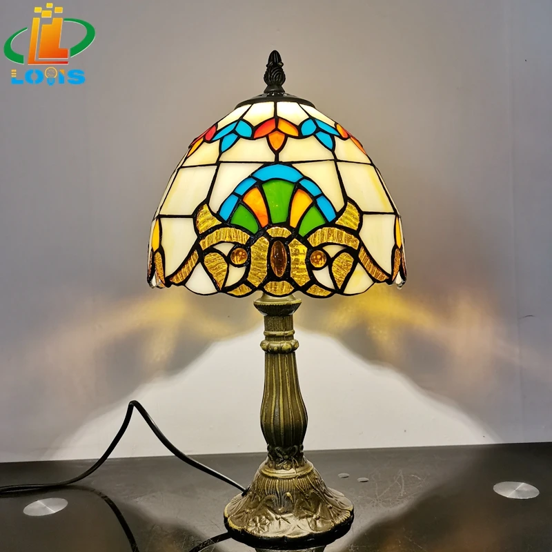 

8 Inch European Baroque Table Lamp Tiffany Lighting Bedroom Bedside Antique Glass Metal Base E27 Cafe Study Decoration