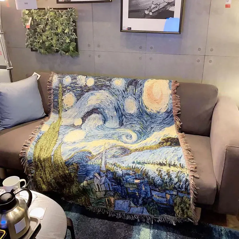 European oil painting Van Gogh starry sky sofa blanket sofa towel multifunctional knitted tapestry universal cover cloth towel