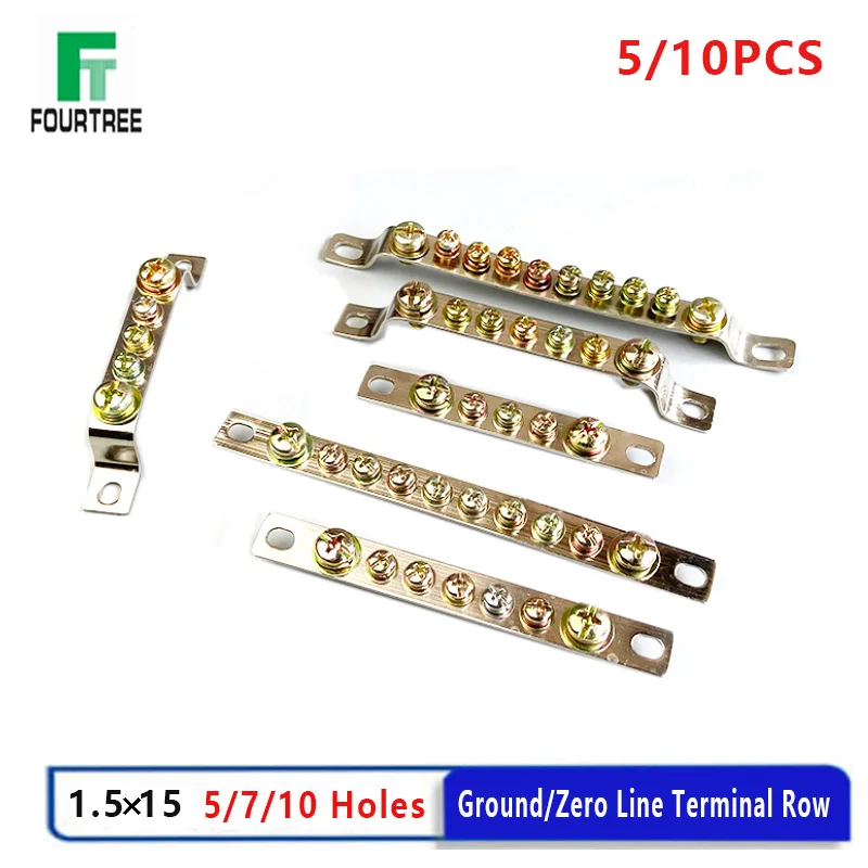 5/10PCS Ground Terminal Block Zero Line Terminal Row 5 7 10 Holes 1.5*15 Distribution Box Cable Lug Splice Copper Bar