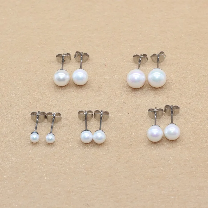 1Pair Brief Style Stainless Steel With Nature Shell Beads Pearls Stud Earrings 4 5 6 7 8mmNo Fade Allergy Free