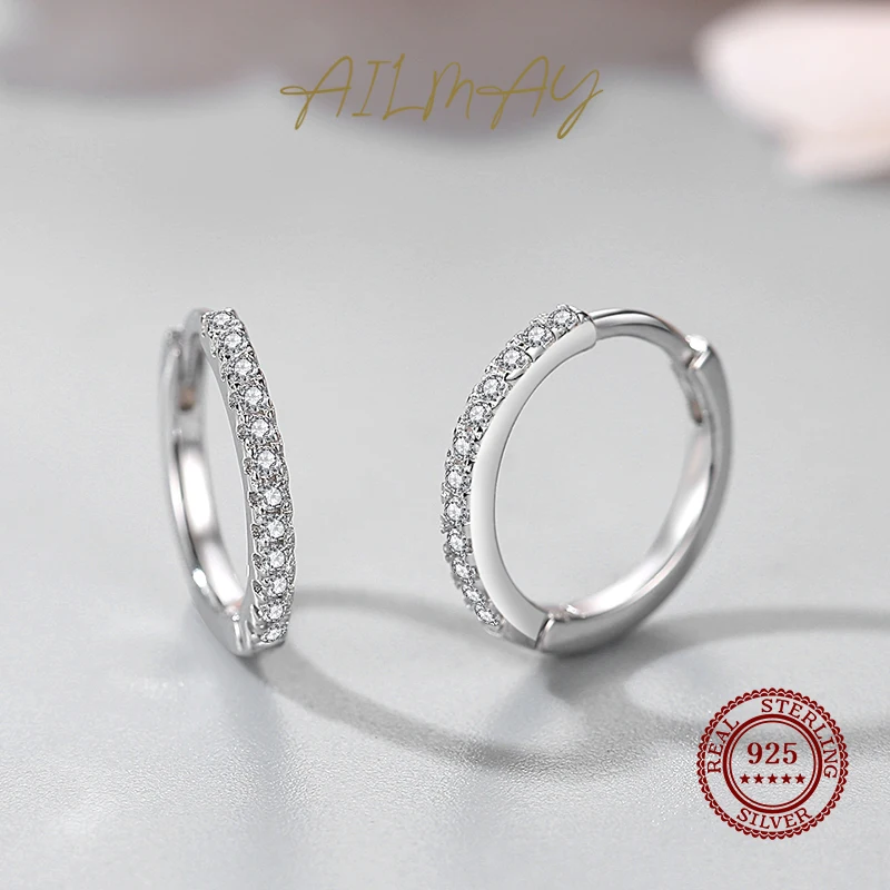 Ailmay 100% 925 Sterling Silver Clear Zircon Simple Fashion Hoop Earrings For Women Girls Anti-allergy Fine Jewelry Gifts