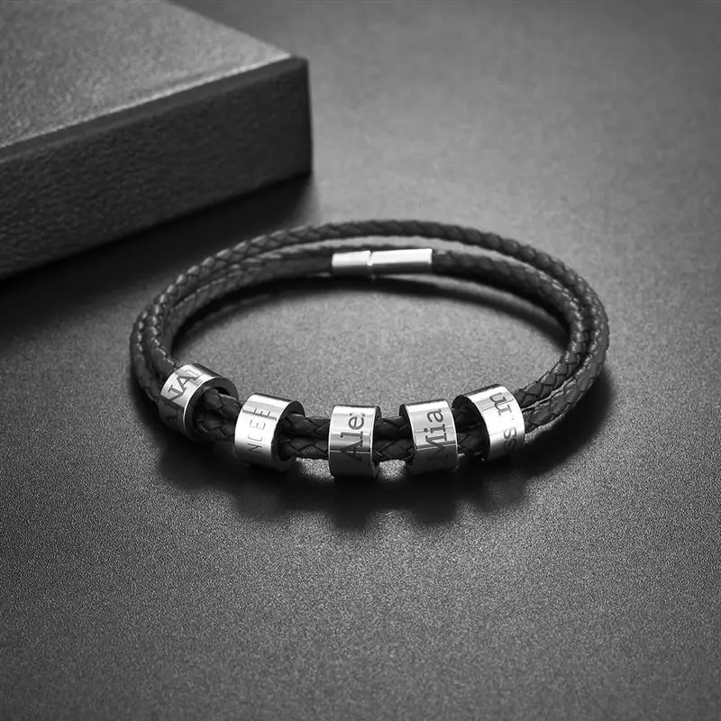 Jiayiqi Personalized Custom Bracelet for Men Engraving Family Name Stainless Steel Beads Multilayer Leather Bracelet Men Jewelry