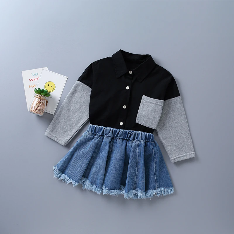 Conjunto de roupas de alta qualidade para meninas de 2-7 anos, novo, moda outono, preto e branco, camisa xadrez + saia jeans, roupas para crianças, 2021